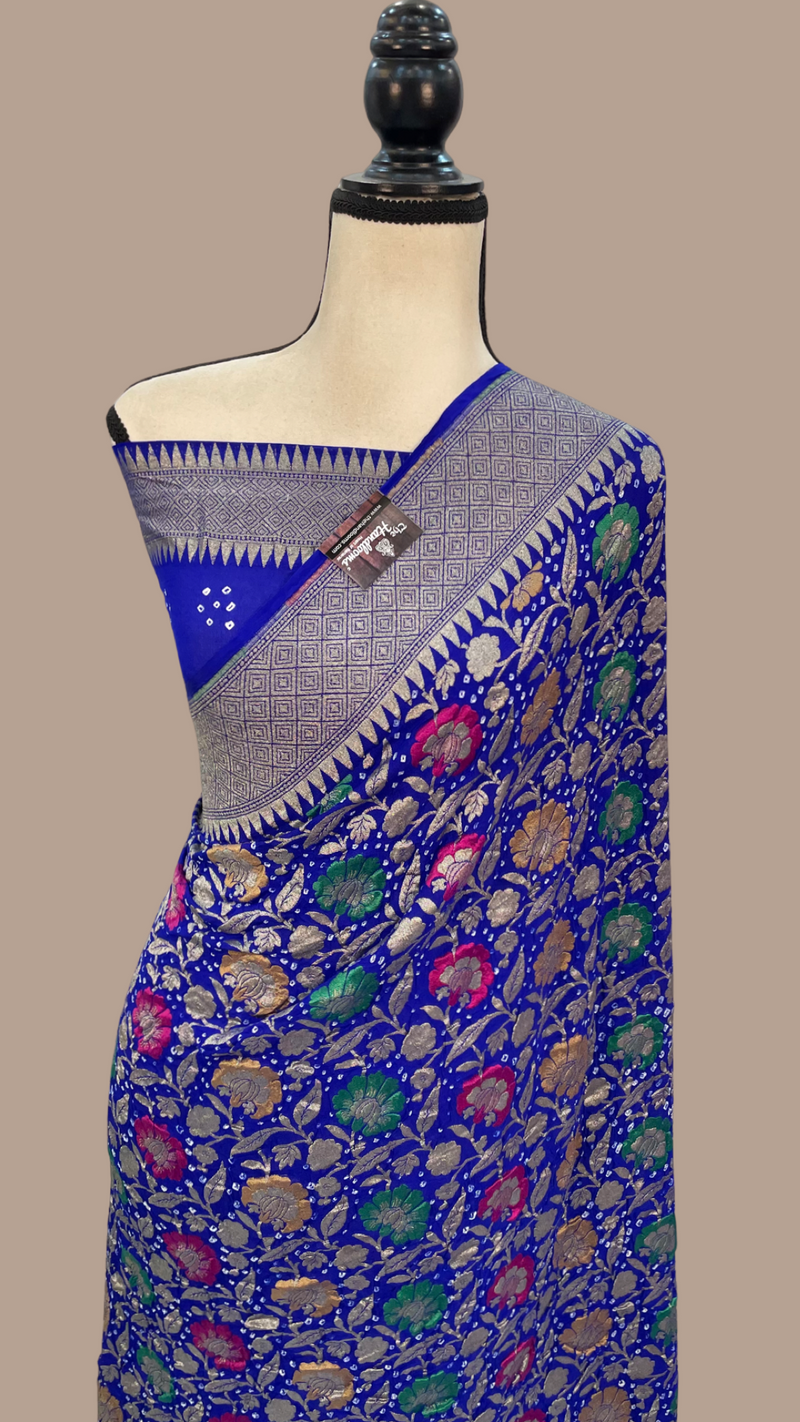 Royal Blue Pure Georgette Banarasi Bandhej Handloom Saree - with meenakari work - The Handlooms