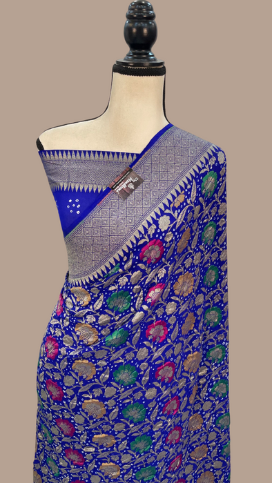 Royal Blue Pure Georgette Banarasi Bandhej Handloom Saree - with meenakari work