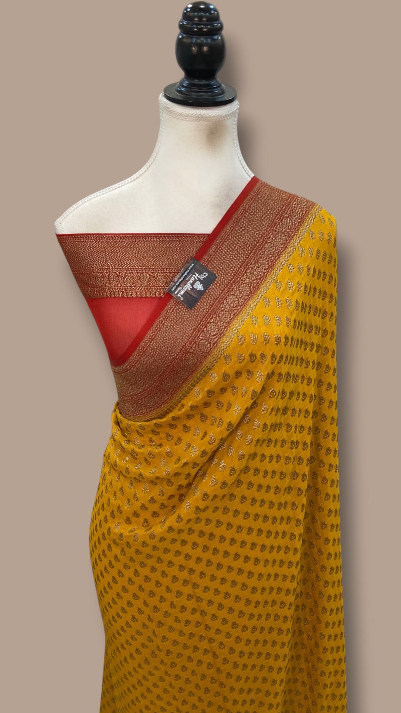 Mustard Yellow Pure Khaddi Georgette Handloom Banarasi Saree