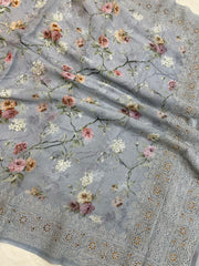 Pure Georgette  Digital Print with Chikankari Handloom Banarasi Saree - The Handlooms