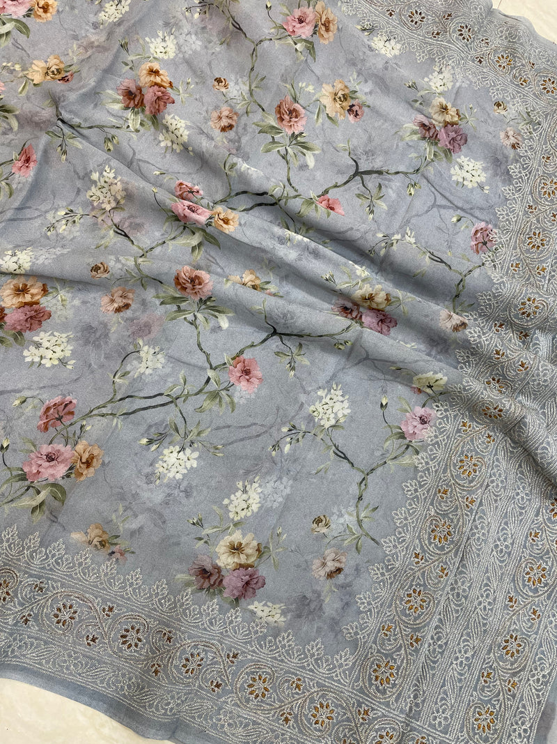 Pure Georgette  Digital Print with Chikankari Handloom Banarasi Saree - The Handlooms