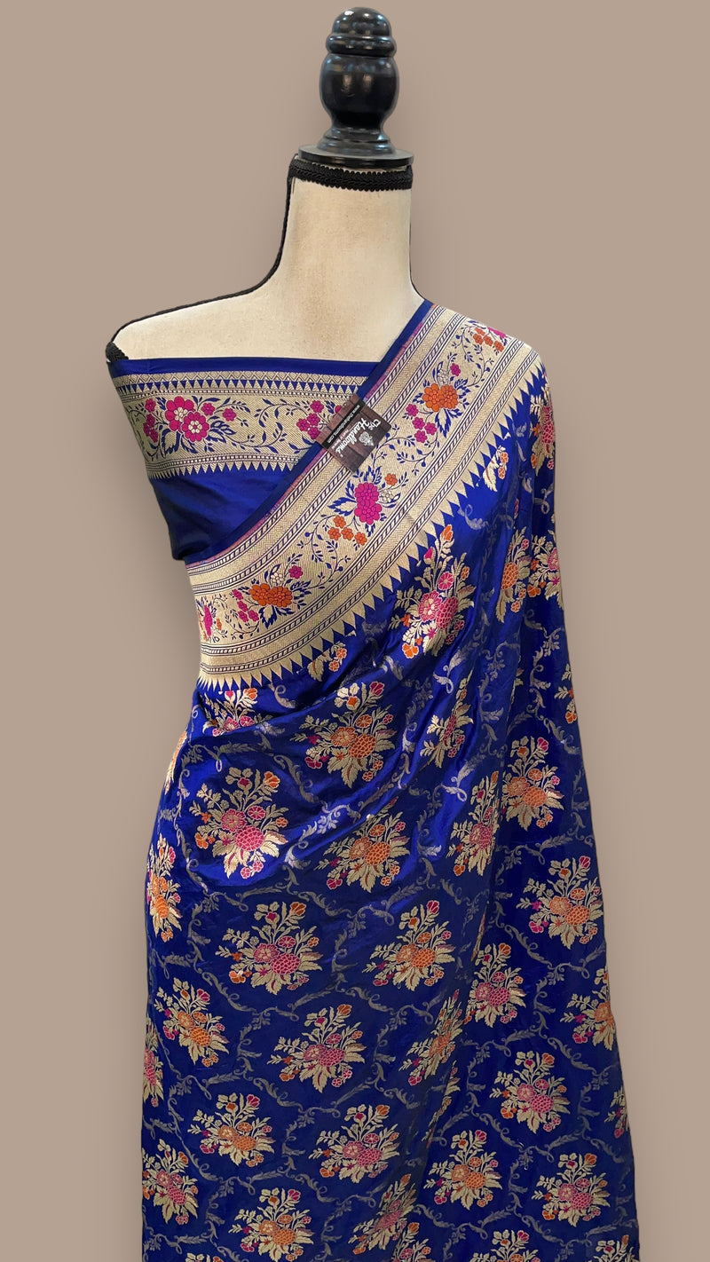 Royal Blue Pure Katan Silk Banarasi Handloom Saree - All over Jaal work with Meenakari - The Handlooms