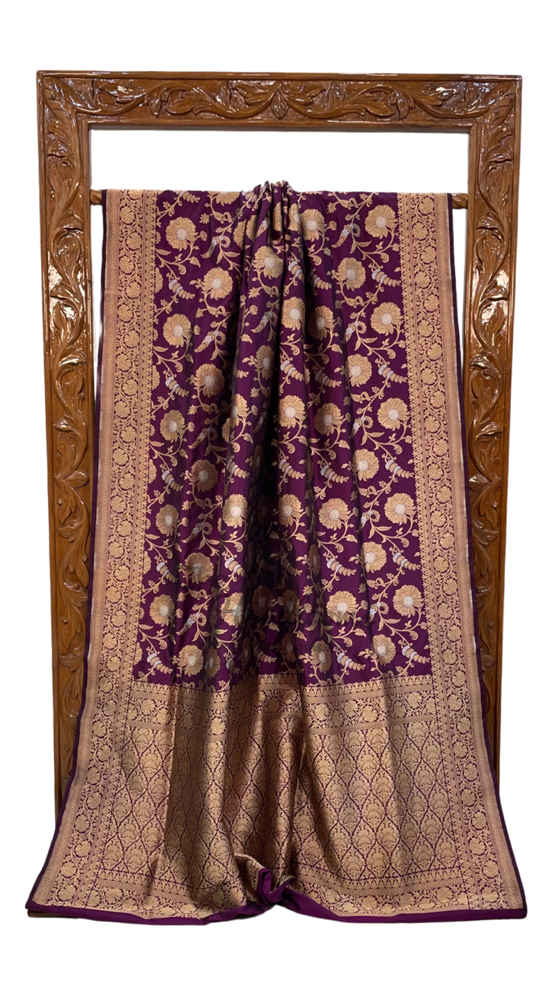Dark Purple Pure Katan Silk Banarasi Handloom Saree - All over Sona Roopa Jaal work - The Handlooms