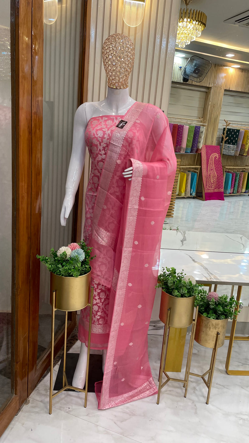Pink Pure Khaddi Georgette Banarasi Dress material - The Handlooms