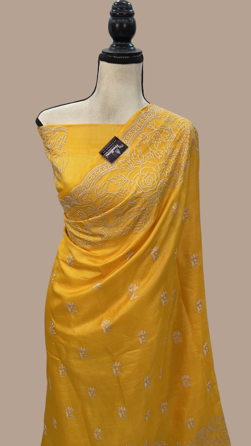 Tussar Silk Handloom Banarasi Saree With Chikankari - The Handlooms