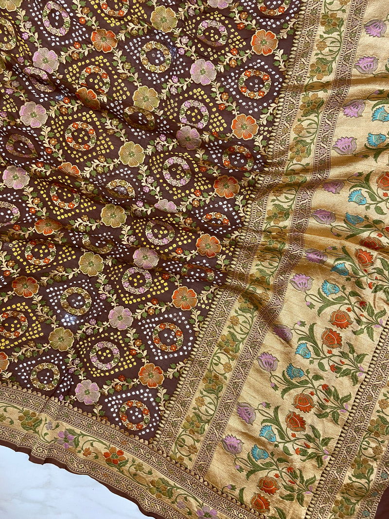 Pure Georgette Banarasi Bandhej Handloom Saree - Meenakari