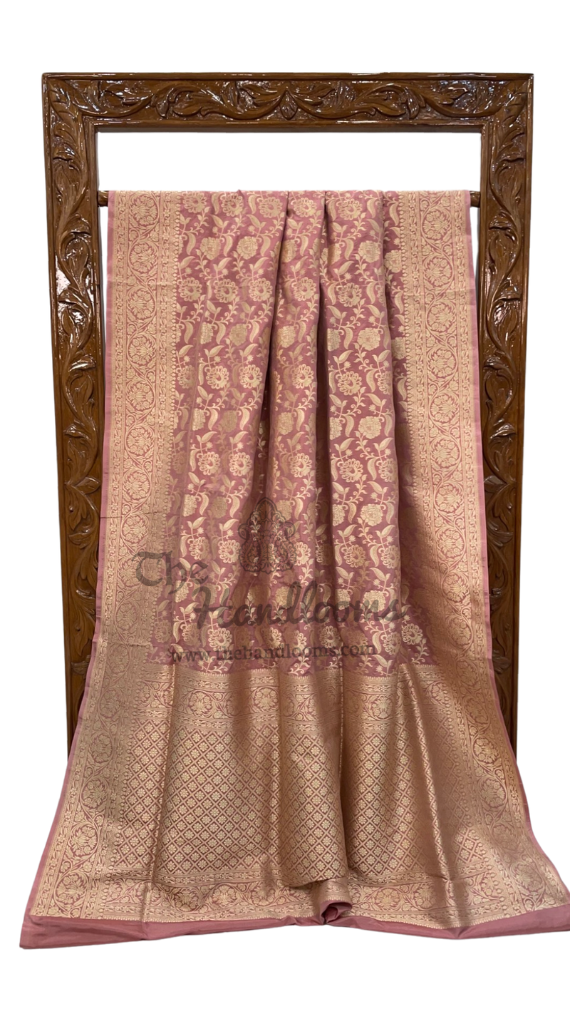 Onion Pink Pure Katan Silk Banarasi Handloom Saree - All Over Jaal Work - The Handlooms