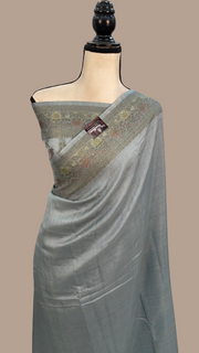Grey Pure Butter Crepe Banarasi Saree - The Handlooms