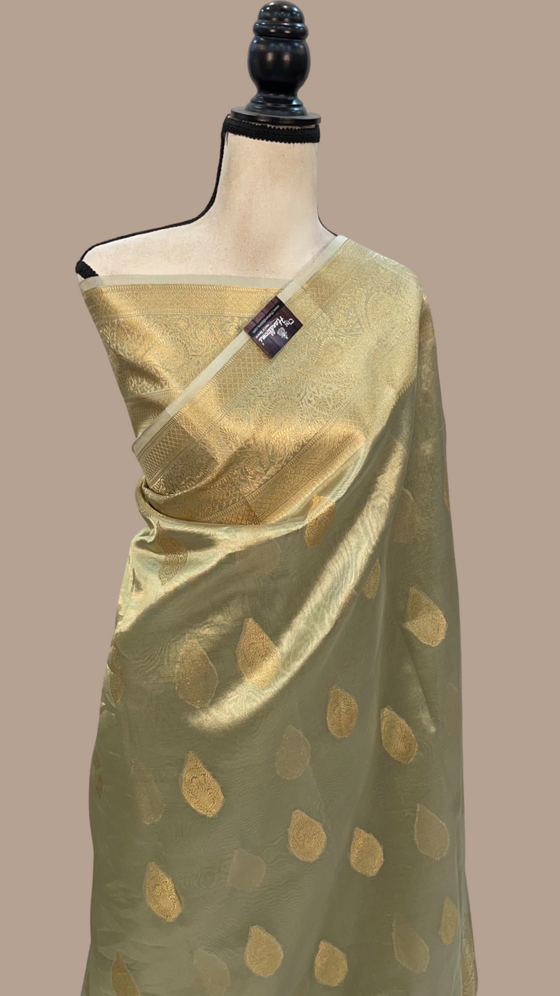 Pista Pure Kora Tissue Handloom Banarasi Saree - The Handlooms
