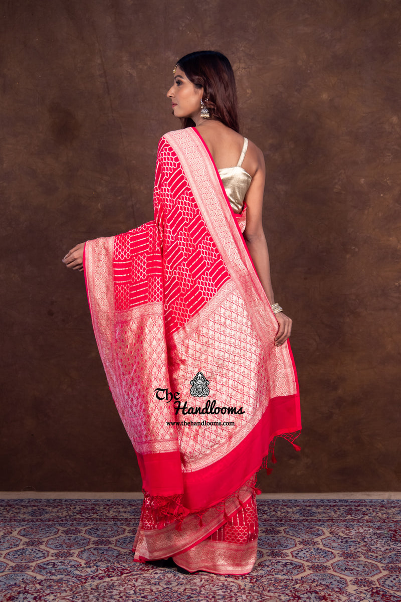 Hot Pink Pure Khaddi Georgette Handloom Banarasi Saree - The Handlooms