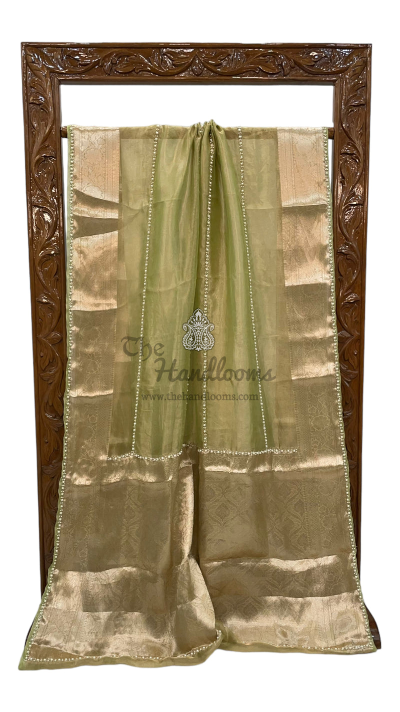 Pista Pure Kora Tissue Handloom Banarasi Saree - Handwork - The Handlooms
