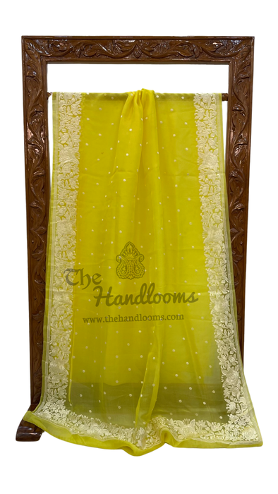 Yellow Pure Organza Chikankari Handloom Banarasi Saree