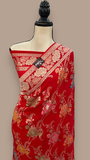 Red Pure Khaddi Georgette Handloom Banarasi Saree - All over Jaal Work With Meenakari - The Handlooms