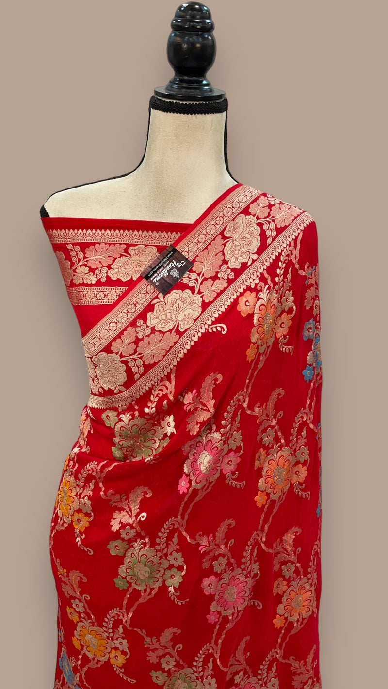 Red Pure Khaddi Georgette Handloom Banarasi Saree - All over Jaal Work With Meenakari - The Handlooms