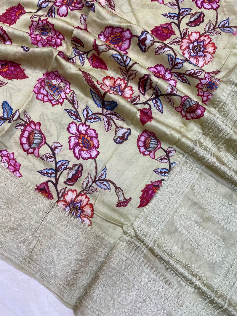 Pure Chanderi  Digital Print with Chikankari Handloom Banarasi Saree - The Handlooms