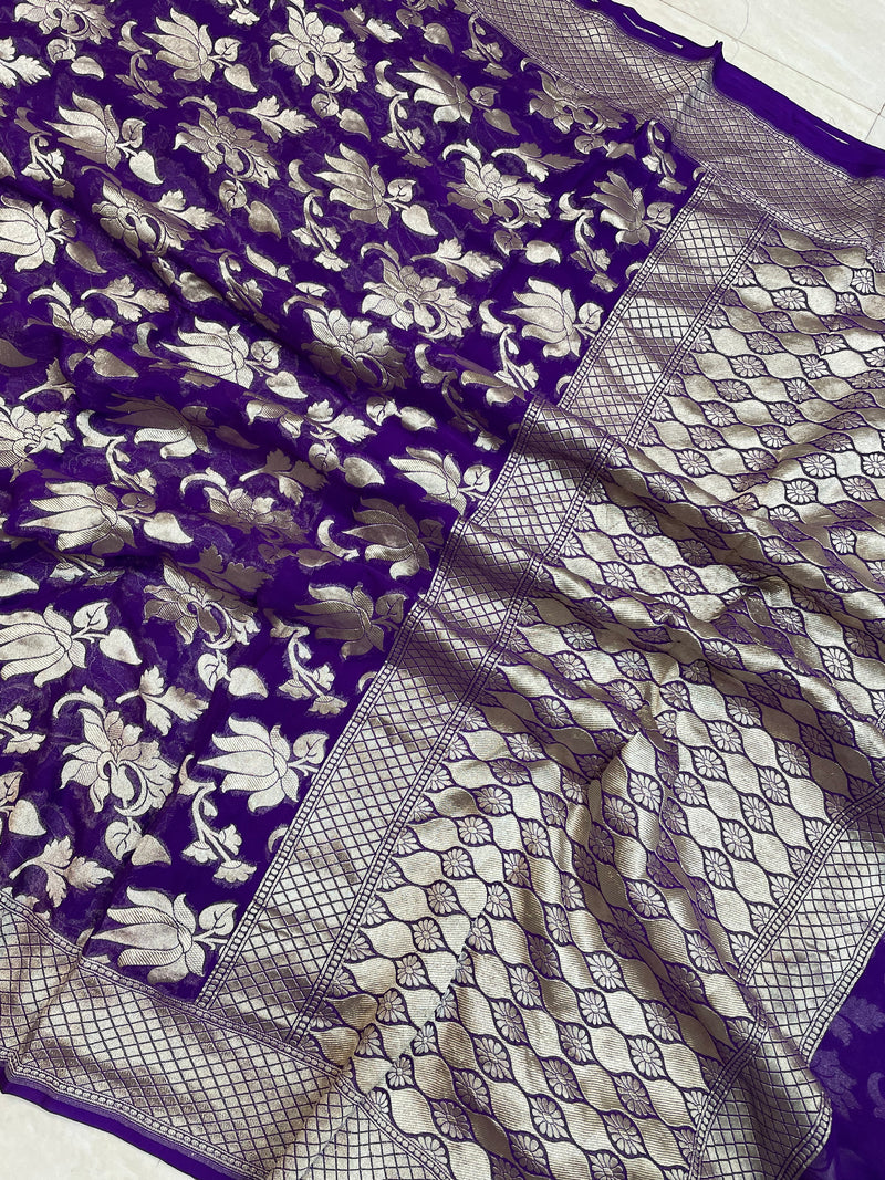 Purple Khaddi Georgette Handloom Banarasi Saree - The Handlooms