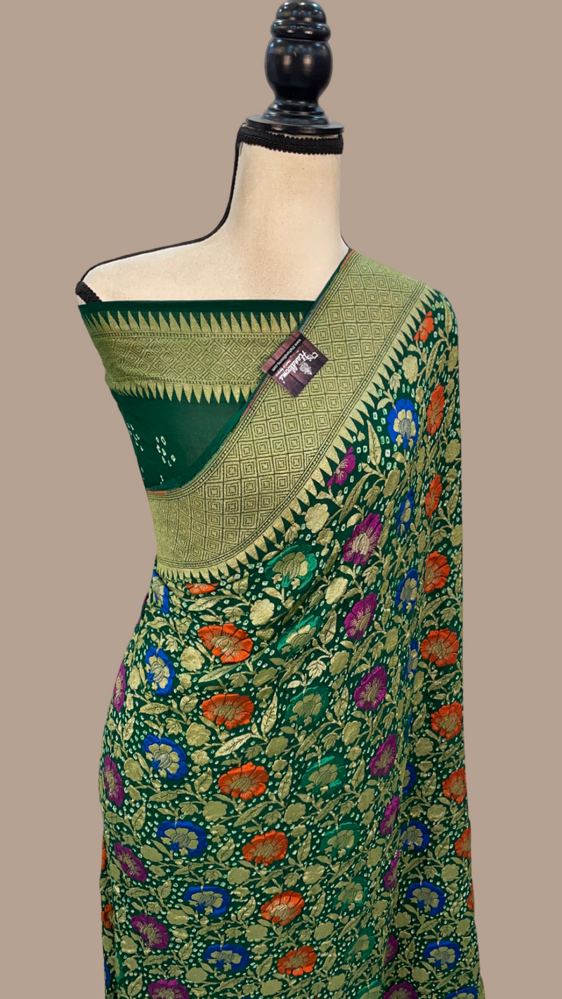Pure Georgette Banarasi Bandhej Handloom Saree - with meenakari work - The Handlooms