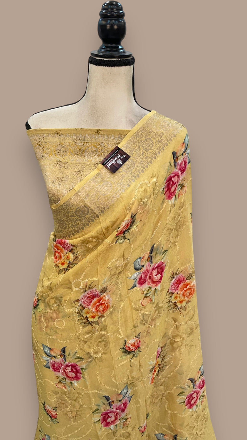Pure Georgette Digital Print with Chikankari Handloom Banarasi Saree - The Handlooms