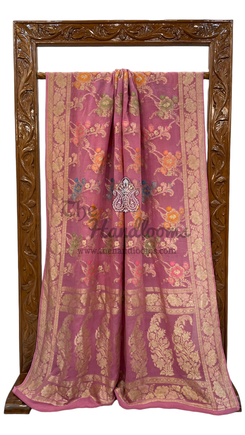 Onion Pink Khaddi Georgette Handloom Banarasi Saree - All over Jaal Work With Meenakari - The Handlooms