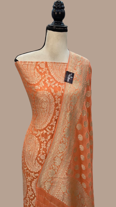Peach Pure Khaddi Georgette Banarasi Dress material