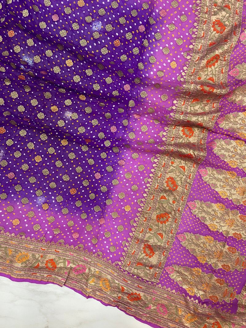 Pure Georgette Banarasi Bandhej Handloom Saree - Meenakari