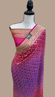 Dual Shade Pure Georgette Banarasi Bandhej Handloom Saree - The Handlooms