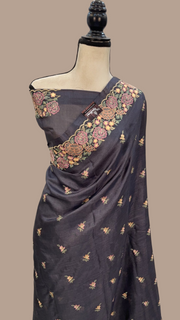 Tussar Silk Handloom Banarasi Saree With Chikankari - The Handlooms