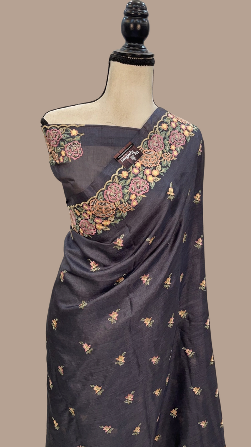 Tussar Silk Handloom Banarasi Saree With Chikankari - The Handlooms