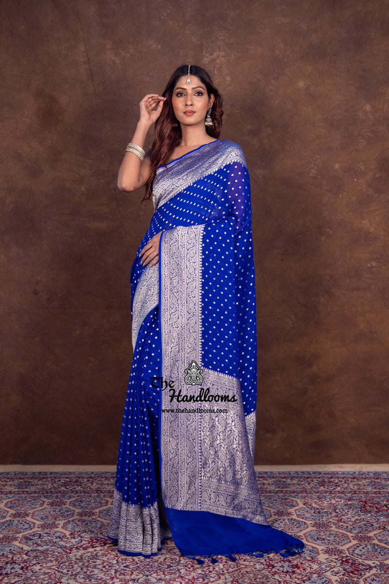 Royal Blue Khaddi Georgette Handloom Banarasi Saree - The Handlooms