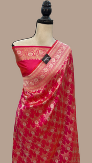 Hot Pink Pure Katan Silk Banarasi Handloom Saree - All over Sona Roopa Jaal work - The Handlooms