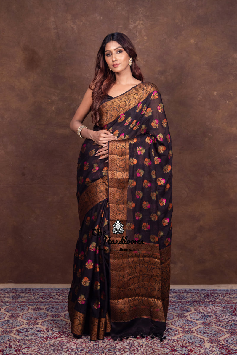 Black Pure Chiffon Khaddi Banarasi Saree - The Handlooms