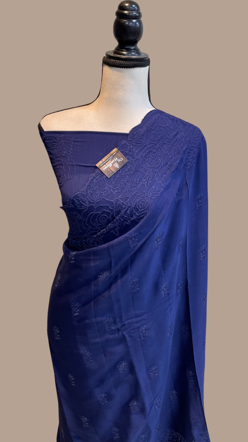 Pure Georgette Chikankari Handloom Banarasi Saree - The Handlooms