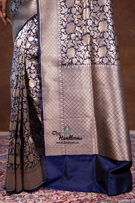 Navy Blue Pure Katan Silk Banarasi Handloom Saree - Tanchui Brocade
