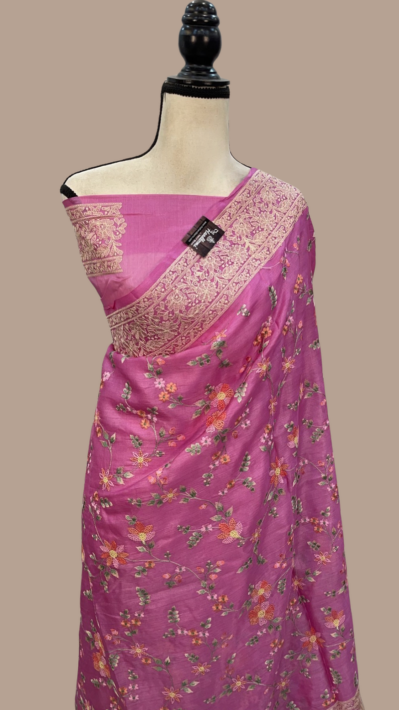 Tussar Silk Handloom Banarasi Saree With Chikankari - The Handlooms