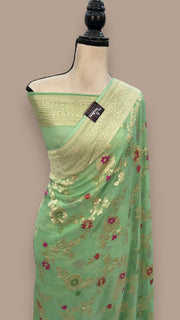Pista Green Khaddi Georgette Handloom Banarasi Saree - All over Jaal Work with meenakari - The Handlooms