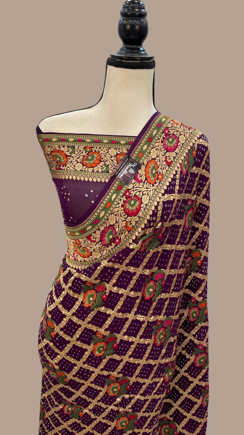 Pure Georgette Banarasi Bandhej Handloom Saree - with meenakari work - The Handlooms