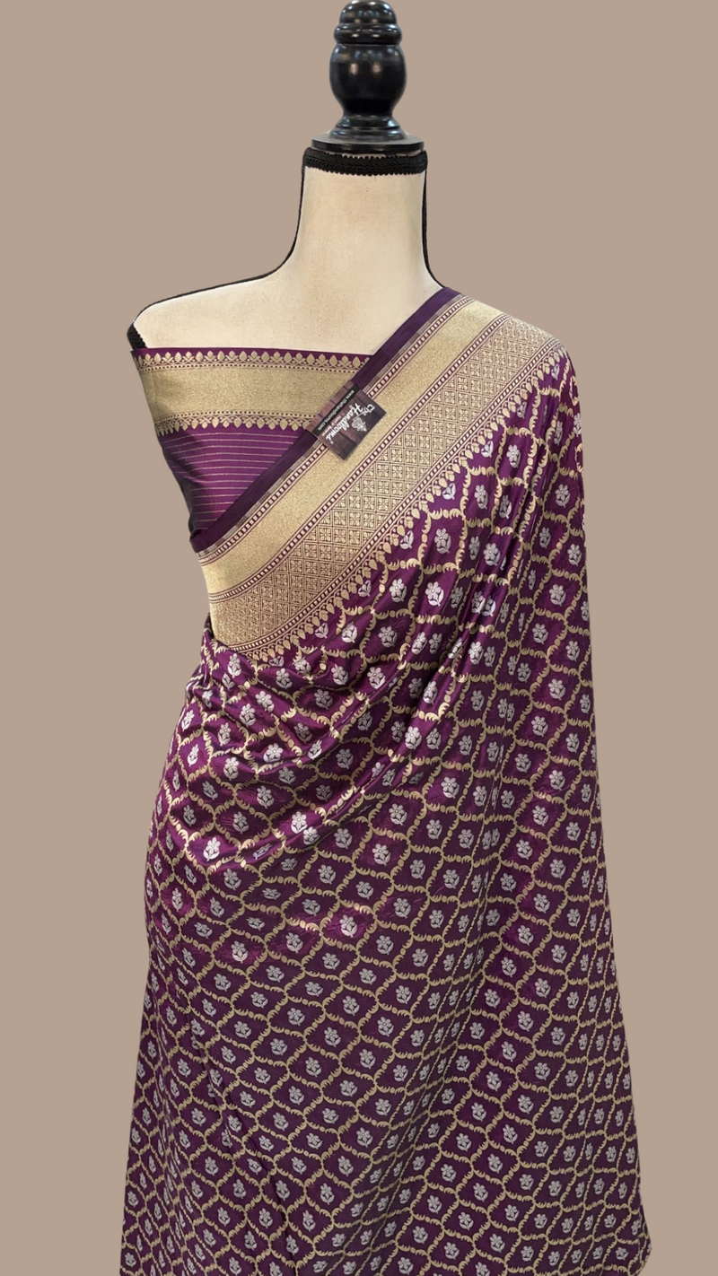 Pure Katan Silk Banarasi Handloom Saree - All over Sona Roopa Jaal work - The Handlooms