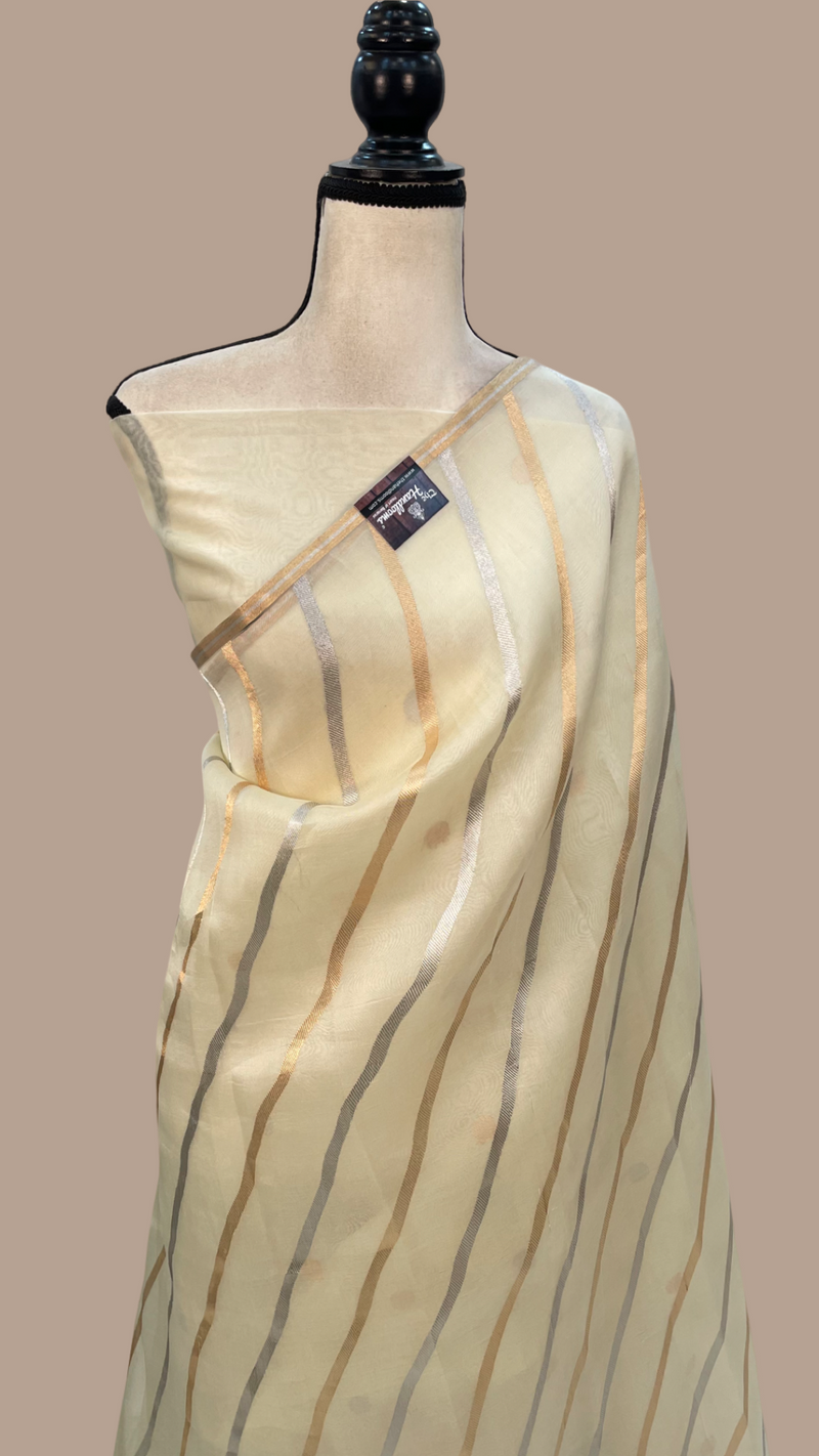 Off-white Pure Kora Handloom Banarasi Saree - The Handlooms