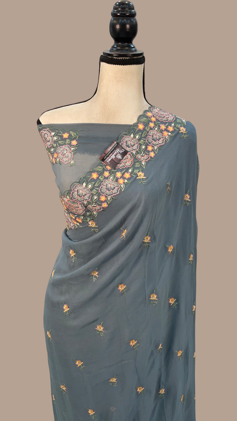 Grey Pure Georgette Chikankari Handloom Banarasi Saree - The Handlooms