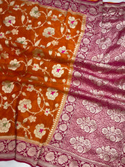 Khaddi Georgette Handloom Banarasi Saree - All over Jaal Work with meenakari - The Handlooms