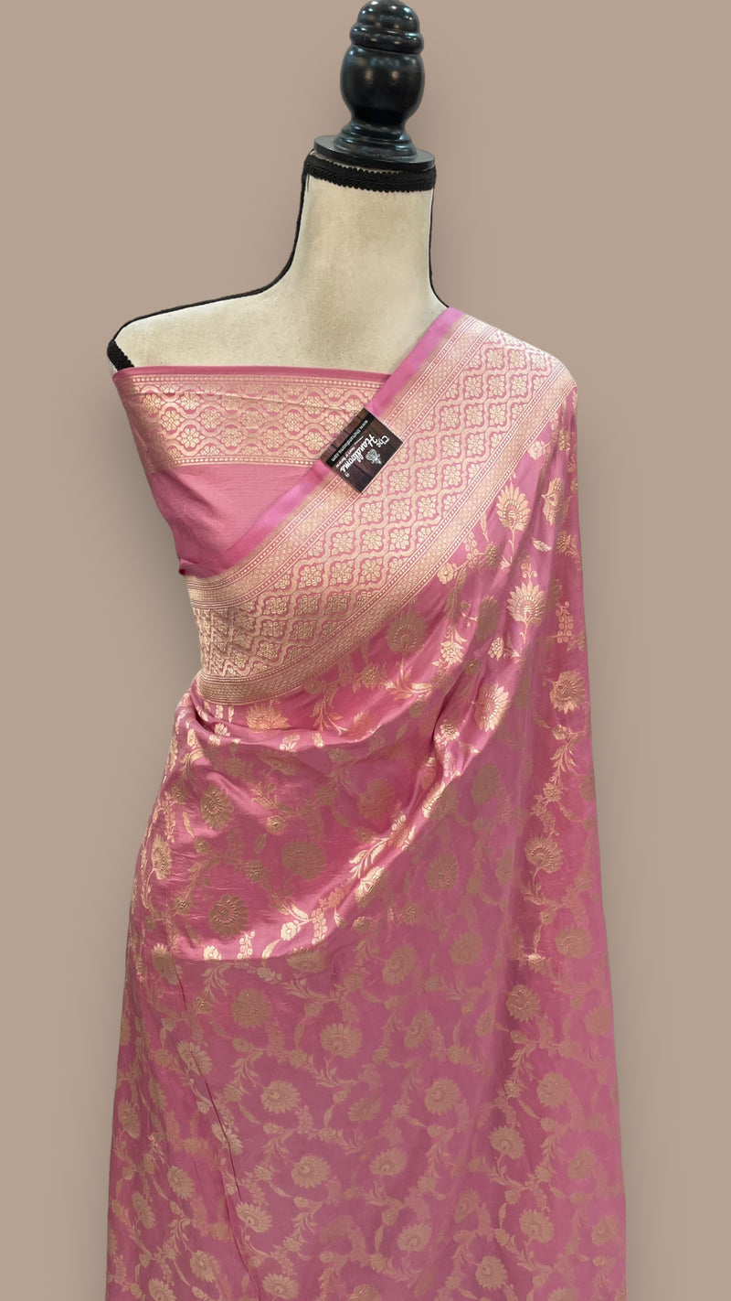 Onion Pink Pure Katan Silk Banarasi Handloom Saree - All over Jaal work - The Handlooms