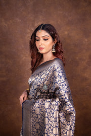 Navy Blue Pure Katan Silk Banarasi Handloom Saree - Tanchui Brocade - The Handlooms