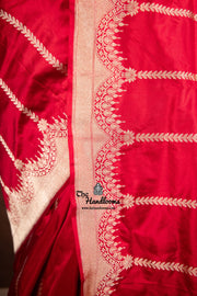 Red Pure Katan Silk Banarasi Handloom Saree - All over Kadua Stripe - The Handlooms