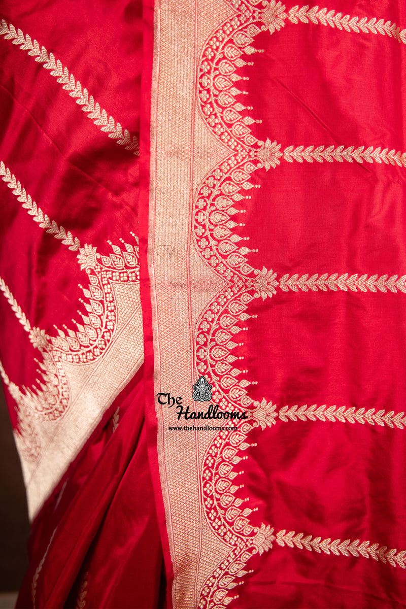 Red Pure Katan Silk Banarasi Handloom Saree - All over Kadua Stripe - The Handlooms