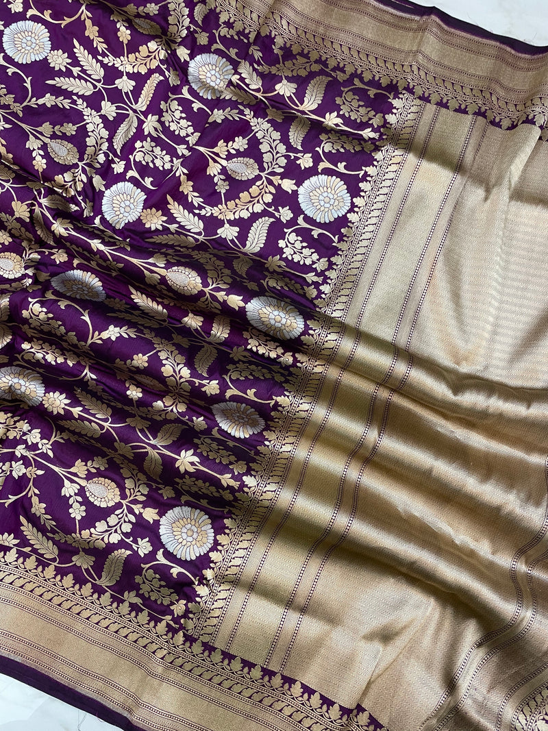 Pure Katan Silk Banarasi Handloom Saree - All over Sona Roopa Jaal work - The Handlooms