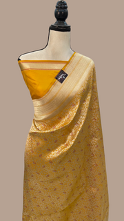 Mustard Yellow Pure Katan Silk Banarasi Handloom Saree - Tanchui Brocade - The Handlooms