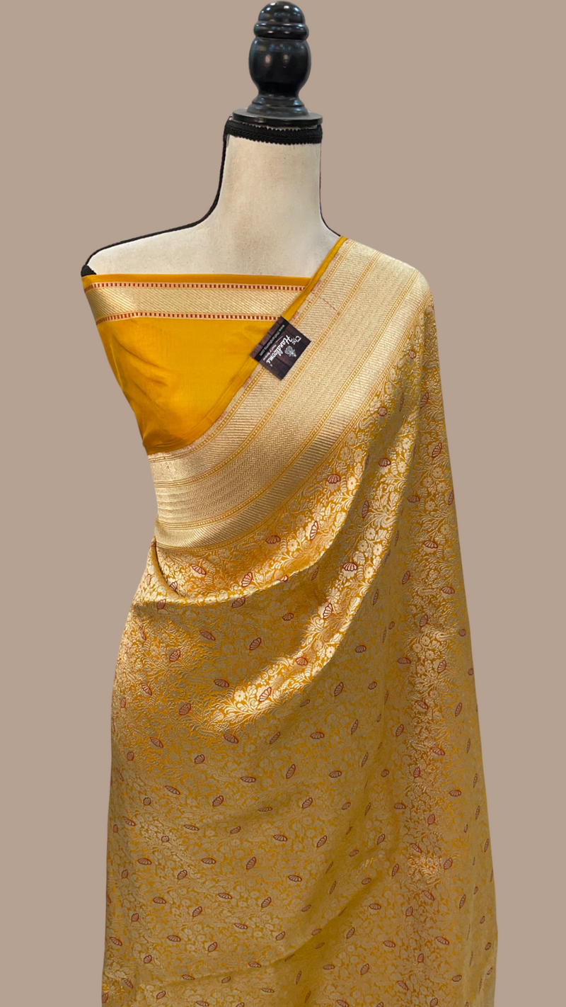 Mustard Yellow Pure Katan Silk Banarasi Handloom Saree - Tanchui Brocade - The Handlooms