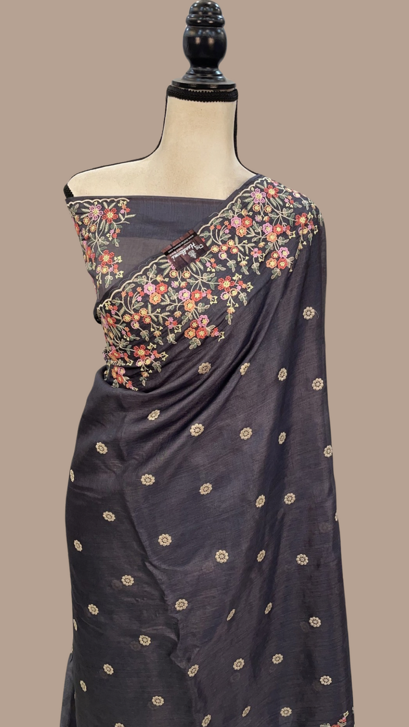 Tussar Silk Handloom Banarasi Saree With Chikankari - The Handlooms