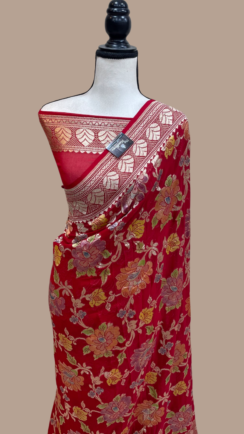Red Khaddi Georgette Banarasi Saree - water zari - The Handlooms