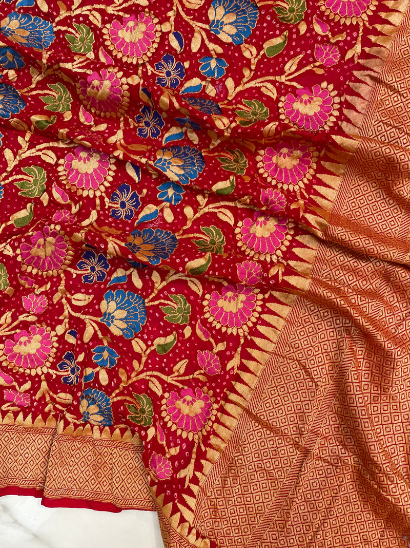 Pure Georgette Banarasi Bandhej Handloom Saree - with meenakari work - The Handlooms